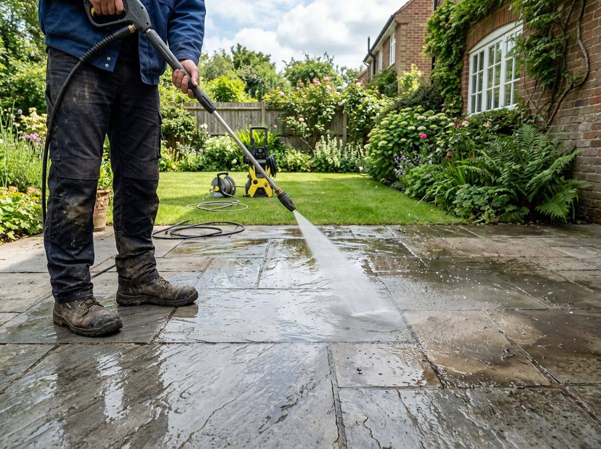 Pressure washing sandstone patio slabs in an English garden
